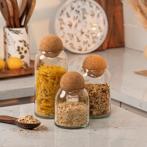 Image of Crest Glass Jar Set - Glass Storage Jars with Spherical Cork Lids - Multipurpose Storage for Kitchen & Decor (Set of 3)