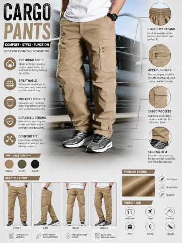 Image of Men's Pure Cotton Cargo Pants | Regular Fit Multi-Pocket Utility Trousers for Men | Solid Cargo Bottom Wear with Zip Pockets | Comfortable Casual Outdoor Wear