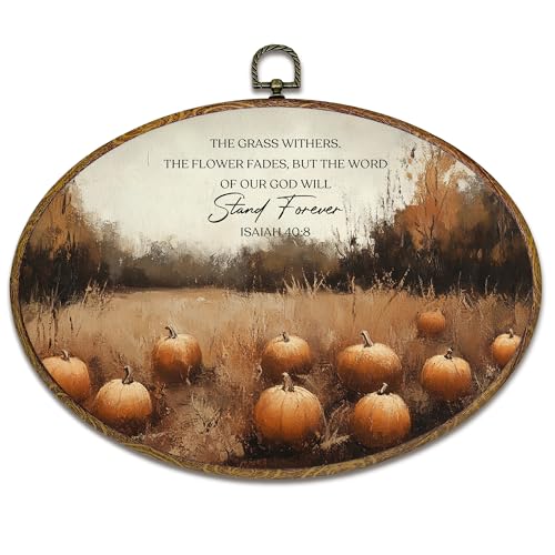 kdqua Vintage Christian Fall Pumpkin Oval Wall Art Decor, Rustic Autumn Pumpkin Bible Verse Canvas Artwork Framed, Religious Wall Hanging Decorations for Home Bedroom Living Room, 11.4x8.6 Inch