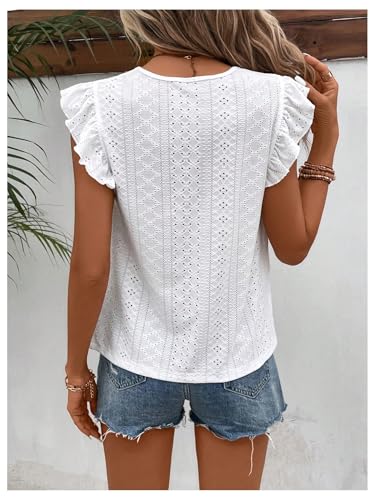 Floerns Women's Eyelet Embroidery Ruffle Cap Sleeve T Shirt Crew Neck Vacation Elegant Tee Top3
