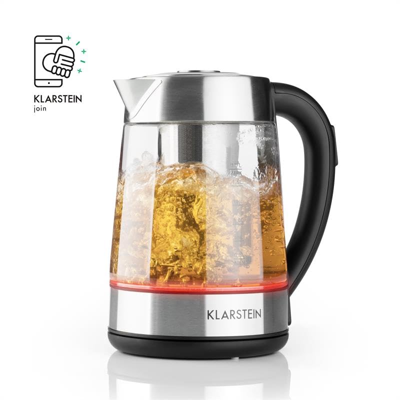 Klarstein Ostfries Hervidor de agua 2 en 1 - Tetera eléctrica, Colador de té, 1,7 litros, 2200 W, Preparación bebidas, Regulable, LED, Acero inoxidable y Cristal