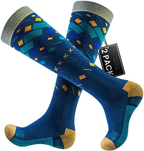 OutdoorMaster Ski Socks, 2-Pair Pack Skiing and Snowboarding Socks for Men & Women with Over the Calf Design w/Non-Slip Cuff - Blue, Medium