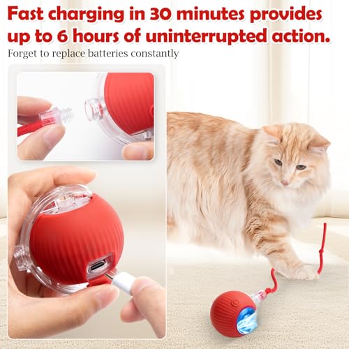 Image of Interactive Cat Toy - Cat Toys For Indoor Cats Smart Silicone Rolling Ball With Tail,Bird Sound,Obstacle Avoidance And Motion Activated,Kitten Puzzle Toys (Red)