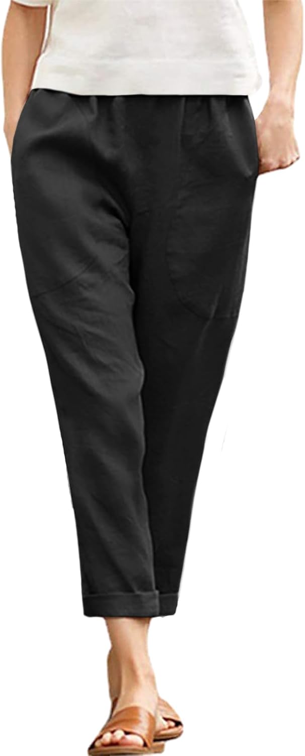 Langwyqu Womens Casual Cotton Tapered Capri Cargo Pants Loose Elastic Waist Ankle Cropped Trouser with Pockets