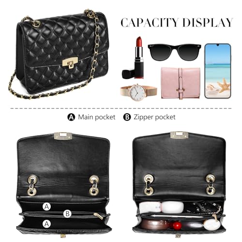 Image of Quilted Leather Crossbody Bags for Women Trendy Ladies Shoulder Purse Satchel HandBag with Chain Strap