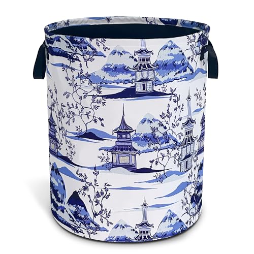 Blue White Porcelain Chinoiserie Laundry Basket Oxford Cloth Laundry Hamper With Handle Foldable Portable Clothes Storage Basket 18.9 X 16.5 In Storage Bag For Laundry Room/Bathroom/Bedroom/Dormitory