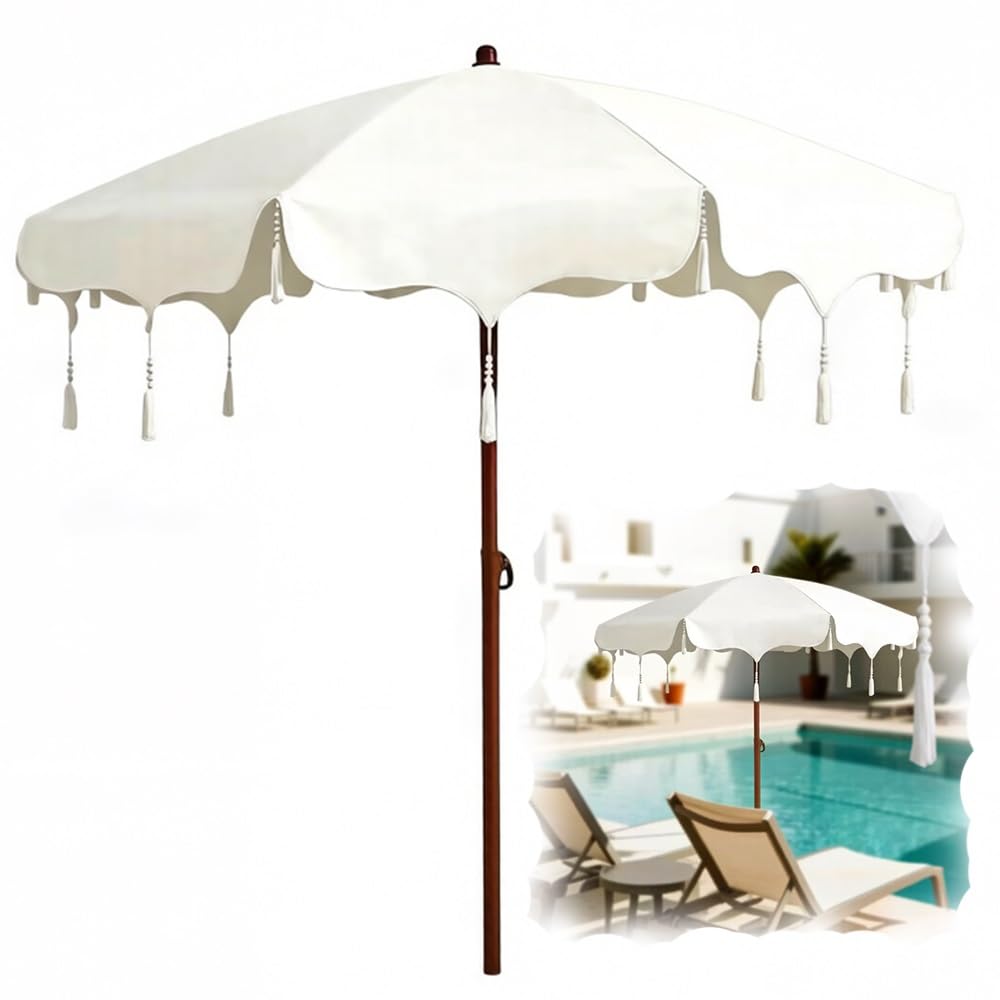LARAKVEAKV 5.2Ft Tassel Patio Umbrella White Boho Umbrellas，Tilting Steel Pole, Market Table Umbrella With Fringe, For Outdoor Garden Lawn Pool Yard Table