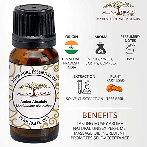 Image of All Naturals Amber Absolute Essential Oil (Himachal) 100% Pure, Exotic, Sweet, Musky Aroma For Natural Perfumes, Massage Oils, Attars, Diy Skincare & Diffusers - 10 Ml
