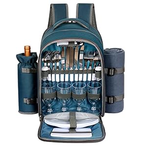 Hap Tim Picnic Basket Backpack for 4 Person with Blanket, Wine Holder, Cooler Compartment, Cutlery Set, Couples Gifts, Mr & Mrs Gifts, Bridal Shower Gifts, Registry Wedding Registry, Blue (3065-BL)