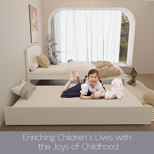 Image of Xilingol Trundle Bed Twin, Solid Wood Bed Frames with Headboard and Wooden Slats Support, Twin Trundle Bed Frame Roll Out, Single Box (No Box Spring Needed)
