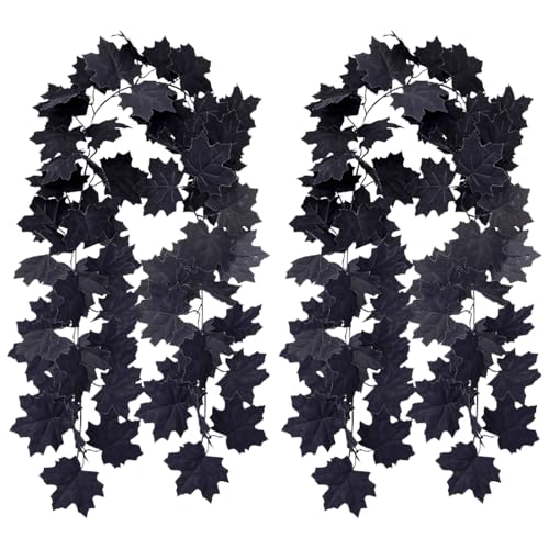 DAVBNM 2 Pack Fall Maple Leaf Garland Artificial Autumn Foliage Garland Hanging Vine Halloween Decor for Home Fireplace Party Black