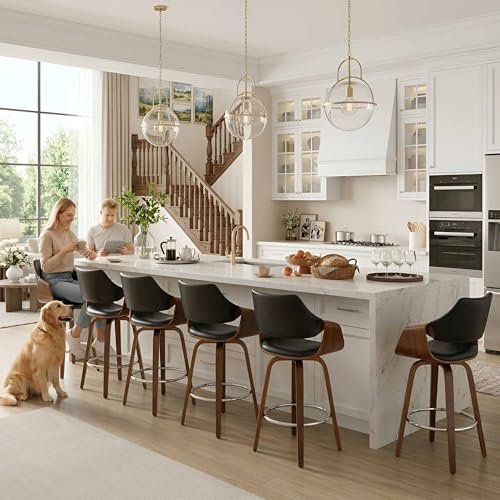 Image of HNY 26'' Modern Barrel Swivel Counter Stools Counter Height Swivel Bar Stools with Backs Set of 6, Black Faux Leather Bar Height stools, Farmhouse Solid Wood Barstools for Kitchen Island, Home Bar