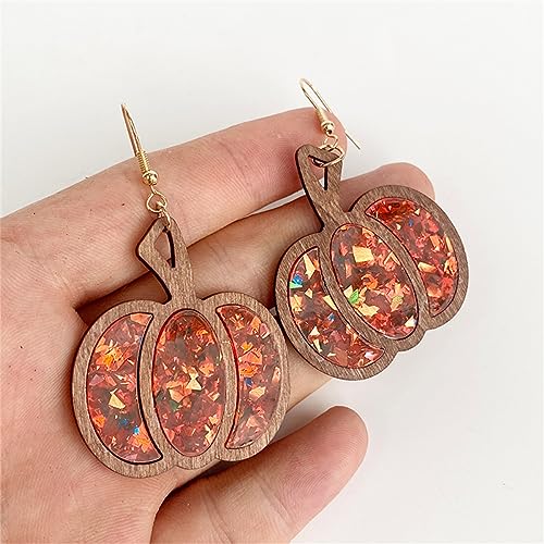 Halloween Spark Glitter Pumpkin Wooden Drop Earrings Thanksgiving Leopard Print Leather Pumpkin Wooden Dangle Earrings for Women Fall Thanksgiving Halloween Party Jewelry Gifts3