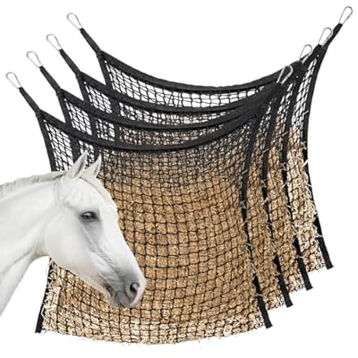 MKO SHUN 4 PCS Slow Feed Hay Net for Horses, Large Capacity Hay Bags for Horses Goats Sheep Donkey Trailer Full Day Feeding, Easy to Fill and Hang, Black, 35 x 31 Inch