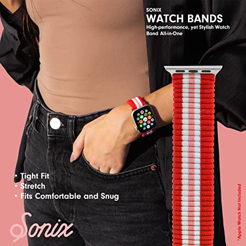 Image of Sonix Knit Watch Band Compatible with Apple Watch | Stretch Ribbed Knit, Stylish, Sporty | 41mm /40mm /38mm, Series 9 /8 /7 /6 /5 /4 /3 /2 /1 /SE | Varsity Red + Pink Stripe