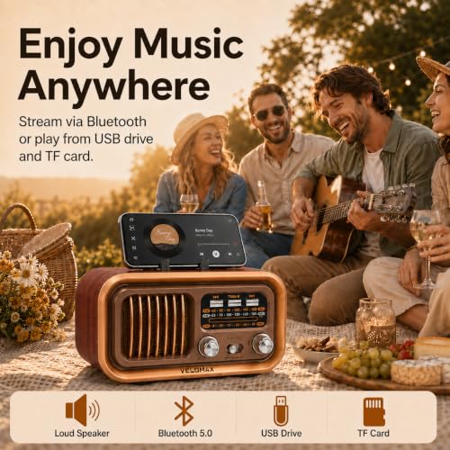 Image of VELOMAX Radio FM for Home with Speaker, FM Radio with Bluetooth 5.0, AM /FM /SW Portable Retro Radio with Solar Panel, USB-C Charging, Rechargeable Battery, USB & TF Card Playback(Brown)