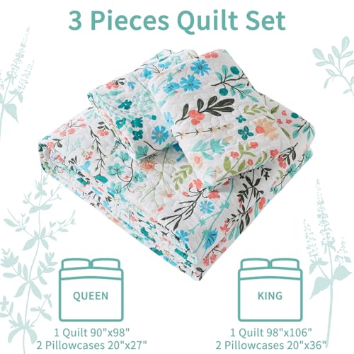 VAPUTAR Queen Quilt Bedding Set-3 Pieces Botanical Quilt Queen Size (90 x 98 inch), Reversible Queen Coverlet with Garden Style Floral Pattern, Bedspread Queen Size Suitalble for All Season.