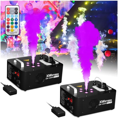 XWSTGEQ 1000W Vertical Fog Machine with 6 LED Lights and Wireless Remote for Stage Halloween Wedding Parties-2 Packs