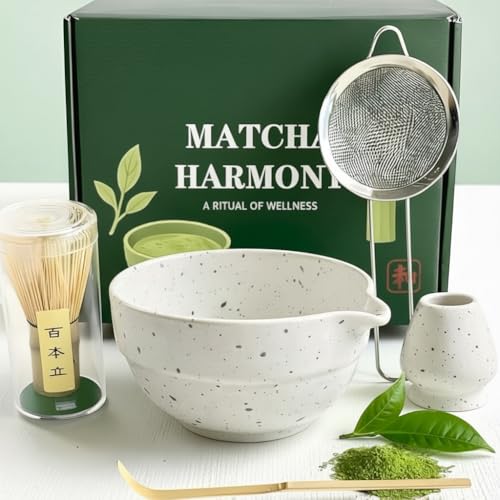 VELAFEE Matcha Whisk Set Ceramic Matcha Kit Set Includes Bowl with Spout Matcha Whisk Holder Bamboo Scoop and Sifter 5 pcs Matcha Tea Kit for Matcha Beginner and Lovers Gift Christmas Birthday