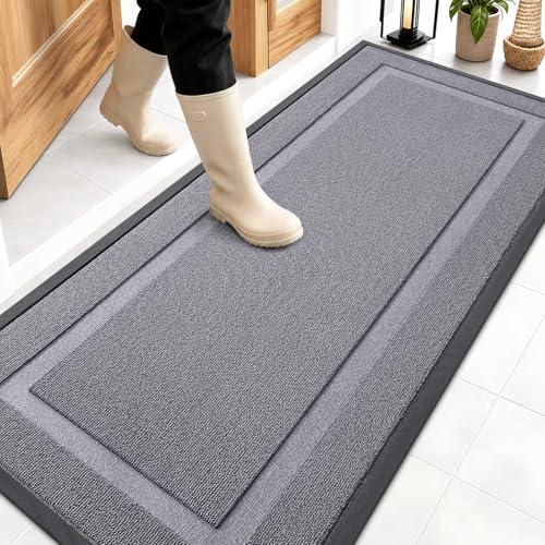 Image of OLANLY Front Door Mat Indoor Outdoor Entrance, Waterproof All-Season, All-Weather Doormat, Sturdy Natural Rubber, Low Profile, Easy Clean Patio Porch Entryway Mat, 59x23, Classic Gray