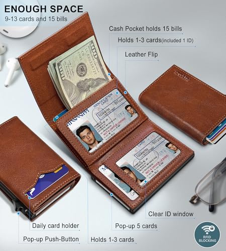Wallet for Men,with Cash Pocket 2 ID Window 9-13 Cards,Metal Case Smart Slim Pop Up Credit Card Holder Flip with Magnetic Closure RFID Blocking Trifold wallet with Gift Box2
