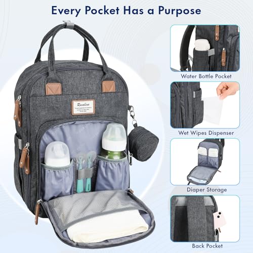 Image of RUVALINO Travel Diaper Backpack with Vacuum Compression, Dark Gray | Baby Essentials Bag, Save 30% Capacity, Changing Pad, Insulated Bottle Holders, Pacifier Case, Waterproof