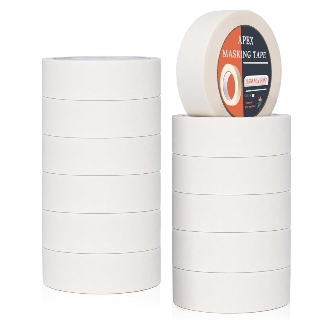 Apex Business Supplies 25mm Masking Tape 12 Rolls (25mm X 50m) | Multipurpose Masking Tape For Painting | Indoor Tape For Painting | Decorating Tape DIY Use | Crafts & Wall Decorating Painters Tape