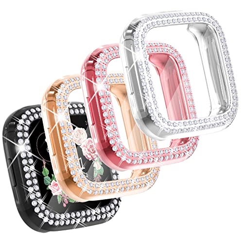 CHANCHY 4 Pack Compatible with Fitbit Versa 2 Screen Protector Case Soft TPU Full Protective Case Cover Bumper Bling Crystal Diamond Frame for Fitbit Versa 2 Smart Watch Rose Gold/Pink/Silver/Black