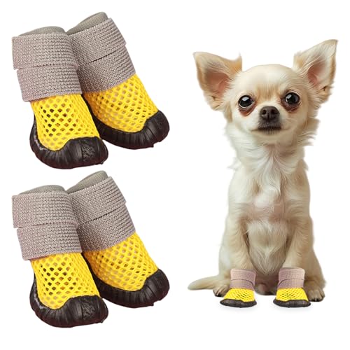 犬 靴 夏 4個セット 夏用 犬の靴 メッシュ 通気 犬用ブーツ 小型犬 脱げない 猫 犬用靴 ドッグシューズ 滑り止め 肉球保護 汚れ防止 室内 お出かけ 散歩用 (イエロー, S: 1.5-2.5kg)