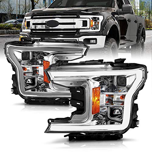 AmeriLite for 2018 2019 2020 Ford F150 Crystal Chrome Square Projector w/LED Light Bar Replacment Headlights Assembly Set - Driver and Passenger