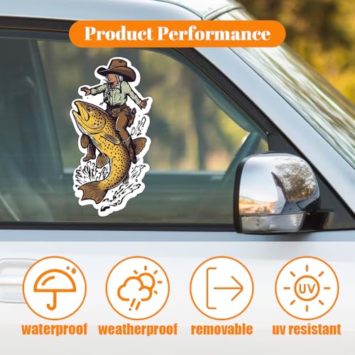Image of Funny Fishing Bumper Sticker Decal for Car, Auto, Laptop - Trout Wrangler & Cowgirl Fly Fishing Design - Weatherproof Material