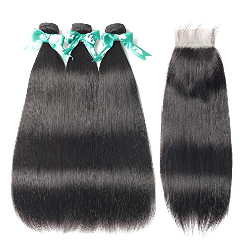 Beauhair Brazilian Virgin Straight Hair 3 Bundles with Free Part Closure(22 24 26 +20 Closure) 8A 100% Unprocessed Brazilian Straight Wave Human Hair Weft with Lace Closure Natural Black