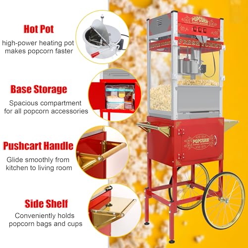 Image of 20 oz Commercial Popcorn Machine Cart - Classic Red Movie Theater Style Popcorn Maker with Storage Stand and Wheels for Home, Parties and Concession Stands