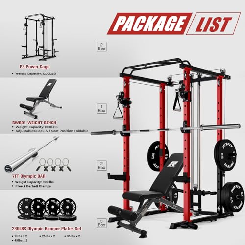 Image of RitFit Multi-Function Garage & Home Gym Package Includes 1200LBS Power Cage PPC03 /P3 with Cable Crossover System, Weight Bench, Olympic Barbell Weight Set, Full Body Workout