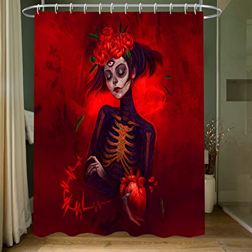 Decoreagy Sugar Skull Shower Curtain,Gothic Skeleton Girls Shower Curtains Set For Bathroom With 12 Hooks, Red Rose Halloween Bath Curtain 72X72In Waterproof Fabric,Machine Washable #TOP11