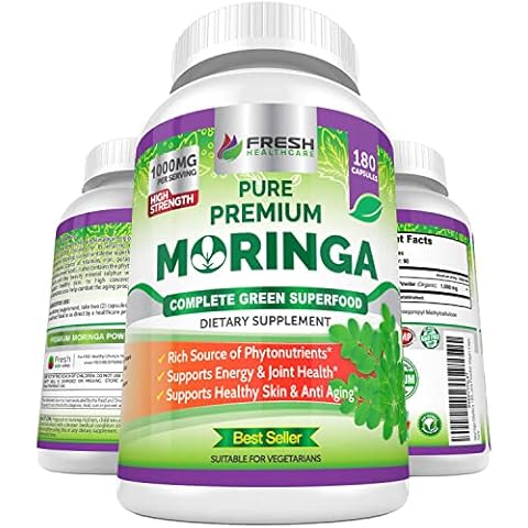 FRESH HEALTHCARE Moringa Oleifera 180 Capsules – 100% Pure Leaf Powder - 3 Month Supply - Non GMO and Gluten Free - Complete Green Superfood Supplement - Energy, Metabolism and Immune Support Cover