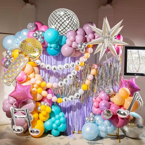 Image of Music Fans Birthday Decoration,148 Pcs Balloon Arch Garland Kit with Microphone, Laser Star, Disco Mylar Balloon for music fans theme teenage girl Birthday Party Prom Decorations