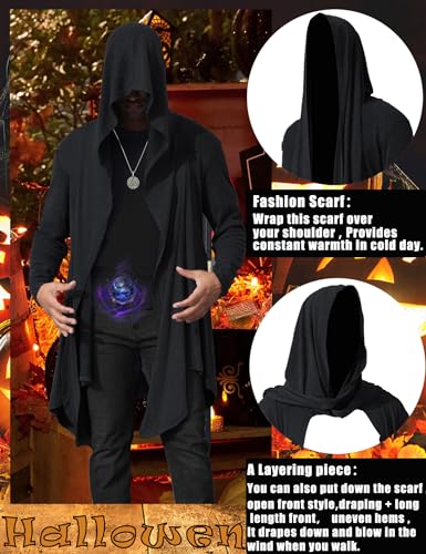 Men's Long Hooded Cardigan Ruffle Shawl Collar Open Front Lightweight Drape Cape with Pockets3