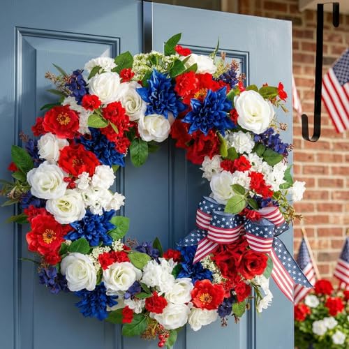 BLOSMON 4th of July Patriotic Wreath for Front Door 24 Inch