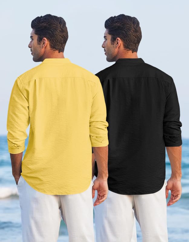 Image of Macsivo Combo of Men's Regular Fit Cotton Blend Solid Casual Short Kurta with Mandarin Collar and Pockets Kurta Pack of 2