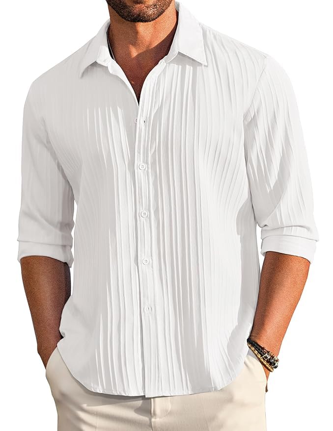 Image of Men's Casual Button Down Shirts Long Sleeve Linen Shirt Fashion Textured Beach Summer Shirt