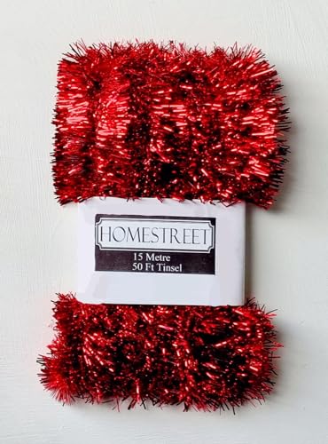 Homestreet Extra Long Tinsel 15 metre 50 foot Very Long Christmas Tinsel in a choice of Red Silver or Gold Xmas Decoration (RED)