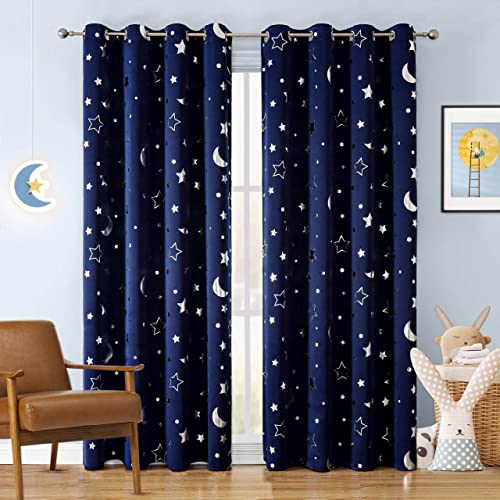 Image of WUBODTI Navy Blue Star Blackout Curtains for Kids Room, Cute Space Themed Thermal Insulated Room Darkening Blackout Drapes for Bedroom Nursery Boys Room(W52 x L84, 2 Panels)