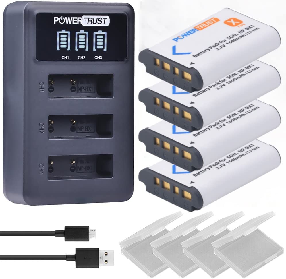 PowerTrust4Pcs NP-BX1 NP BX1 Battery and LED USB 3-slots Charger for Sony ZV-1 DSC-RX100 DSC-WX500 IV HX300 WX300 HDR-AS15 X3000R MV1 AS30V HDR-AS300 GWP88
