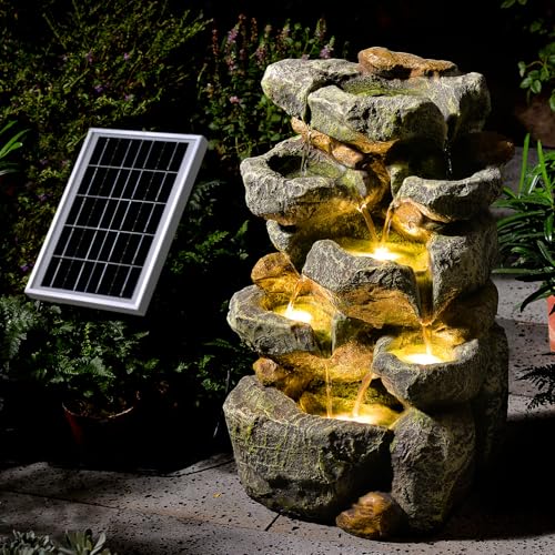Solar Water Fountain Outdoor Garden,5 Tiered Cascading Rock Solar Powered Water Fountain Water Fall Fountains Outside with Lights for Backyard, Patio, Deck, Porch, 19.3' H x 12.2' L x 9.5' W