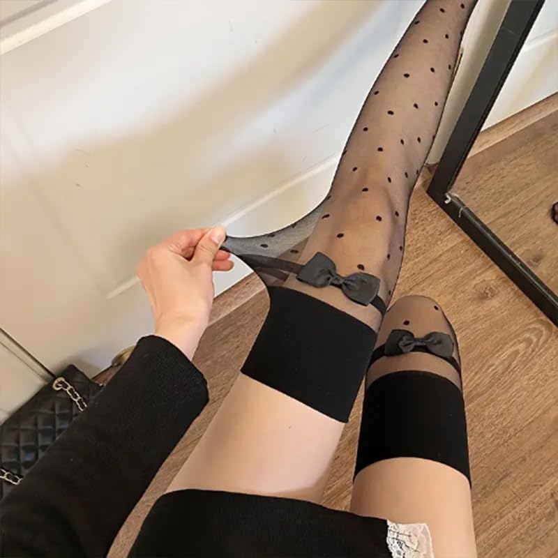 1 Pair Chic Polka Dot Bow Knee-High Socks For Women, Breathable, Stretchy Polyester Blend, Perfect For Daily Wear3