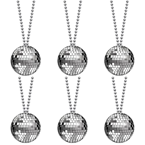 Herdear 6 Pieces Mini Disco Ball Necklace 1.57 Inch Ball 70s Disco Party Necklace Disco Mirror Ball for Christmas or Halloween Party and Personal Decorations Supplies