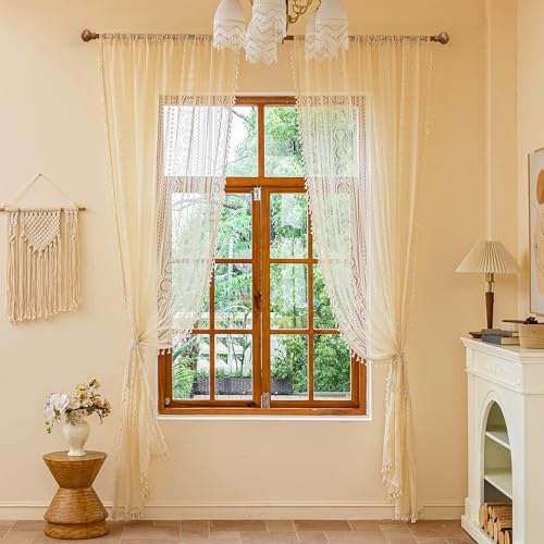 Image of MYSKY HOME Beige Boho Lace Sheer Curtains with Tassels 72 Inch Length 2 Panels Vintage Floral Bohemian Rustic Crochet Geometry Striped Rod Pocket Drapes for Living Room Bedroom, 55 inch Wide Each Panel