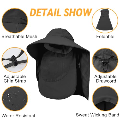 Image of Sun Hats for Men Women Detachable Face Cover Wide Brim Fishing Hats with Neck Flap UPF 50+ Outdoor Safari Hats