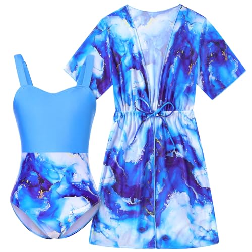 Image of Funnycokid Girls Bathing Suits One Piece Swimsuit with Cover Up Kids Swim Suit Size 8-16